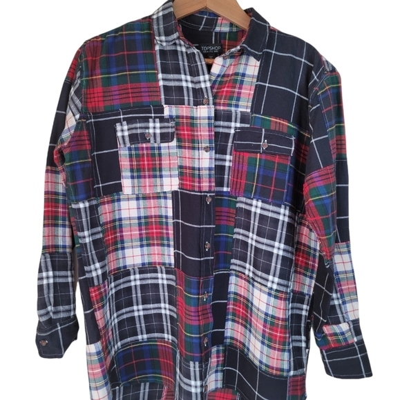 ASOS TOPSHOP Drop Hem Plaid Shirt - Picture 2 of 8